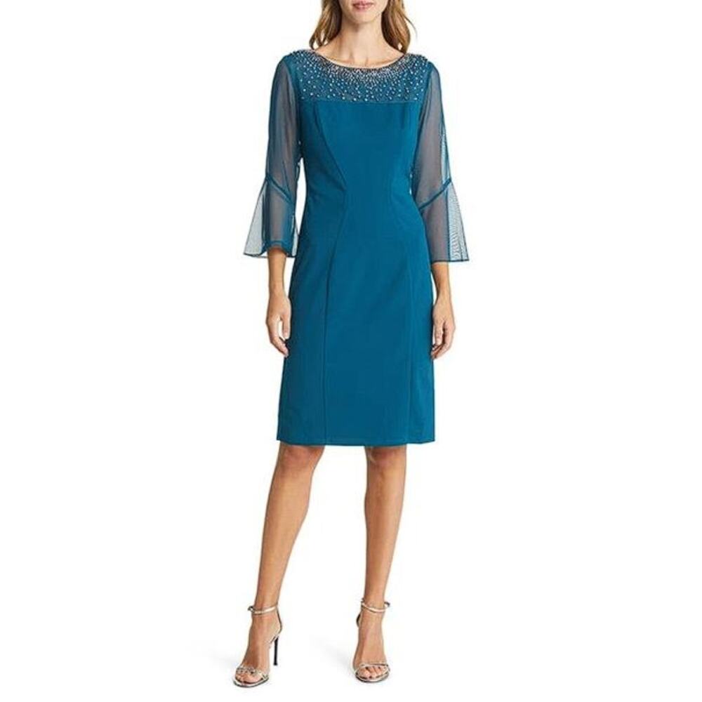 ALEX EVENINGS Women's Embellished Illusion Neck Sheath Dress Size 12 In Peacock